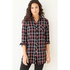 J. Jill Perfect Plaid Tunic Button Front Shirt Top Plus Size 2X Black Red Pocket
